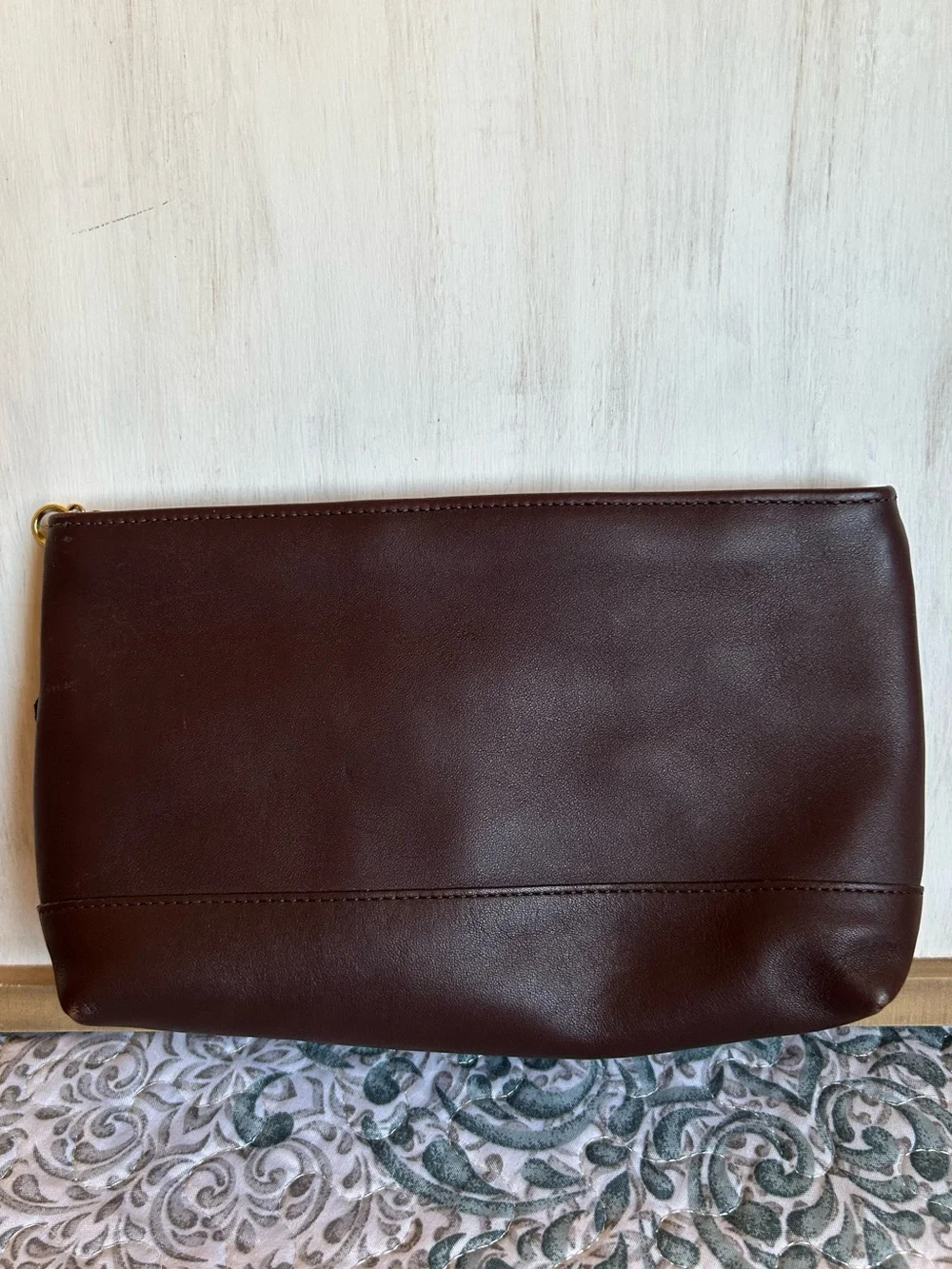 Vintage Coach cosmetic bag Mahogany Leather Zip Pouch with Striped Canvas Lining
